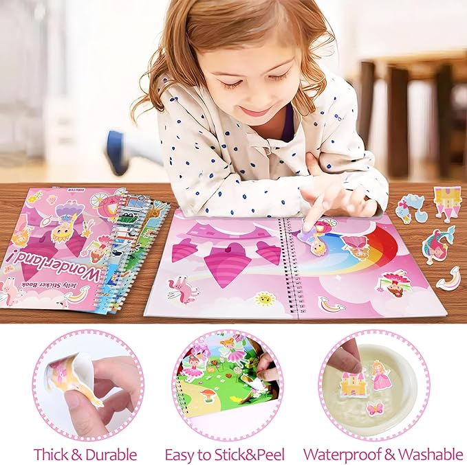 OIBUTUR Jelly Sticker Books for Toddlers 2-4 Years, Reusable Sticker Book for Kids 1-3, Toddler Stocking Stuffers&Travel Essentials Princess Stickers for Kids Toddler Plane Activities (Wonderland)