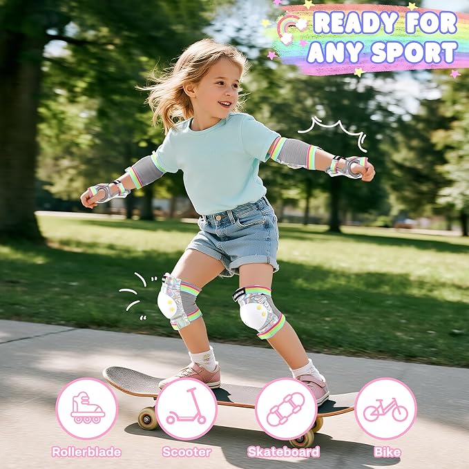 Knee Pads for Kids - ZOOBLISS Toddler Knee and Elbow Pads Set Wrist Guards for Skating Girls Aged 3-12, Kids Protective Gear for Roller Skates Skateboard Bike Scooter, Included Drawstring Bag(Rainbow)