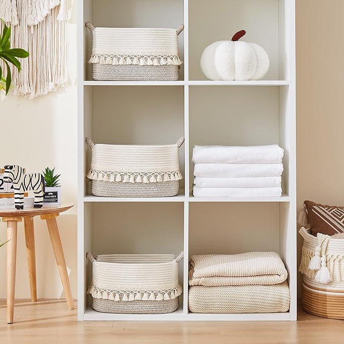 BUBUSUN Storage Bins Woven Baskets for Storage Set of 3, Cotton Rope Basket with Handles for Toys/Shelves/Laundry, Rectangle Multi-Purpose Organizer for Living Room, Bedroom, Nursery (White/Beige)