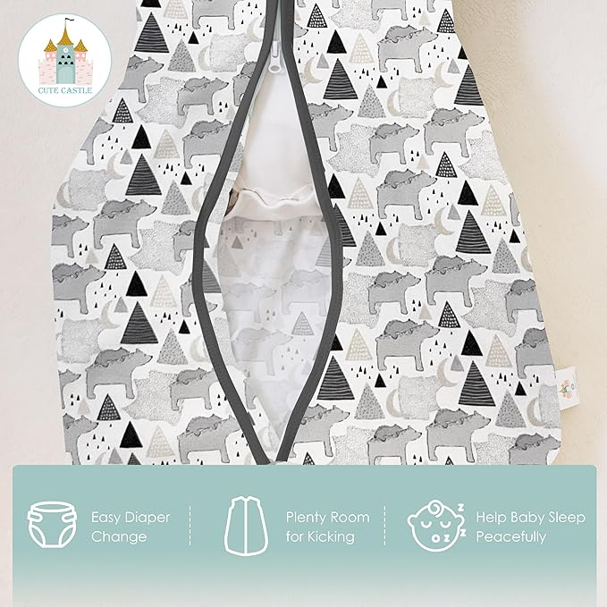 Cute Castle Baby Sleep Sack 18-24 Months - Lightweight 100% Cotton 2-Way Zipper TOG 0.5 Infant Wearable Blanket, Newborn Essentials Toddler Sleep Clothes, 3 Pack(Dark gray, Light gray, Bear)
