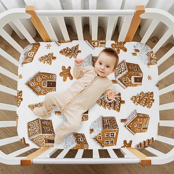 Christmas Gingerbread House Crib Sheets Soft Breathable Fitted Baby Crib Sheets Mattress Cover for Girls Boys, 52" x 28" x 9"