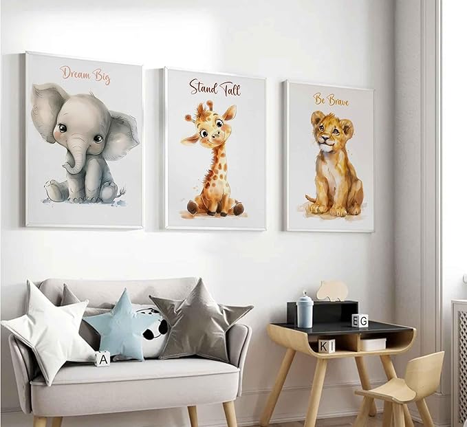 3 Pcs Safari Nursery Canvas Wall Art Kids Cute Inspirational Animal Lion Giraffe Elephant Painting Picture Wall Decor Poster Print Artwork for Baby Boys and Girls Room Home Decoration Unframed