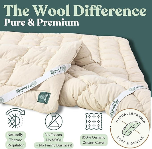 Organic Merino Wool Mattress Topper - Luxury Pillow Top Mattress Pad, Handmade, Non-Toxic, Cooling & Hypoallergenic, Natural Back Pain Relief, Sustainable Bedding (Queen)