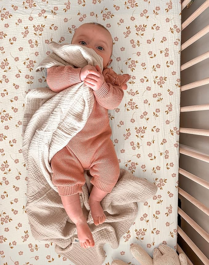 Mini Crib Sheets for Baby Boy Girl 2 Pack, Neutral Mini Crib Mattress Sheet 24" x 38", Muslin Nursery Bedding Soft and Breathable Comfort (Floral & Pink)