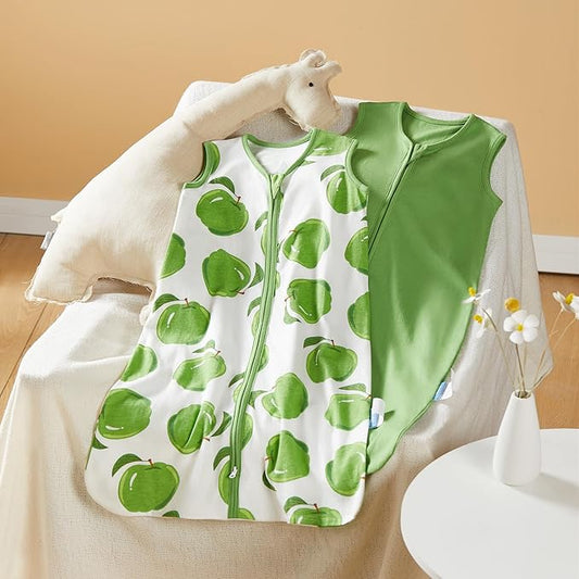 TILLYOU 2 Pack Baby Sleep Sack 18-24 Months 100% Cotton Wearable Blanket 0.5 TOG Sleeveless Summer Sleep Sacks with 2-Way Zipper, Green Apple & Fruit Green