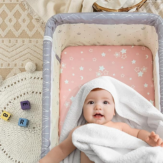 3 Pack Soft Strecthy Bassinet Sheets - 35"x20" Bedside Bassinet Sheets for for Newton, Ezebaby, AMKE(3 in 1) & Other Large Bedside Sleeper | Breathable & Skin Friendly Bassinet Fitted Sheets for Girls