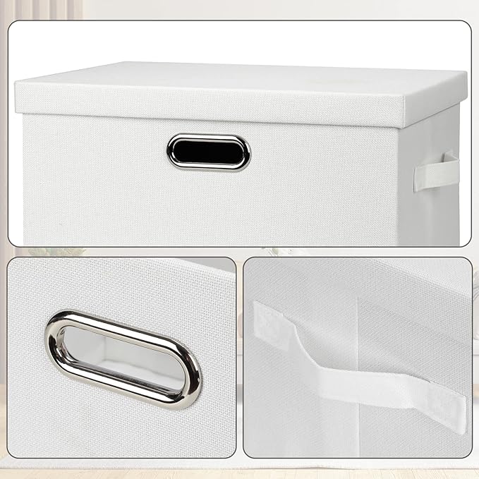 Graciadeco Large 17" 36 Quart Collapsible Stackable Storage Bins with Lids, 3 Packs White Linen Fabric Closet Boxes with Lids, Storage Cube Baskets Container Organizers for Bedroom Office(17 x12 x11)