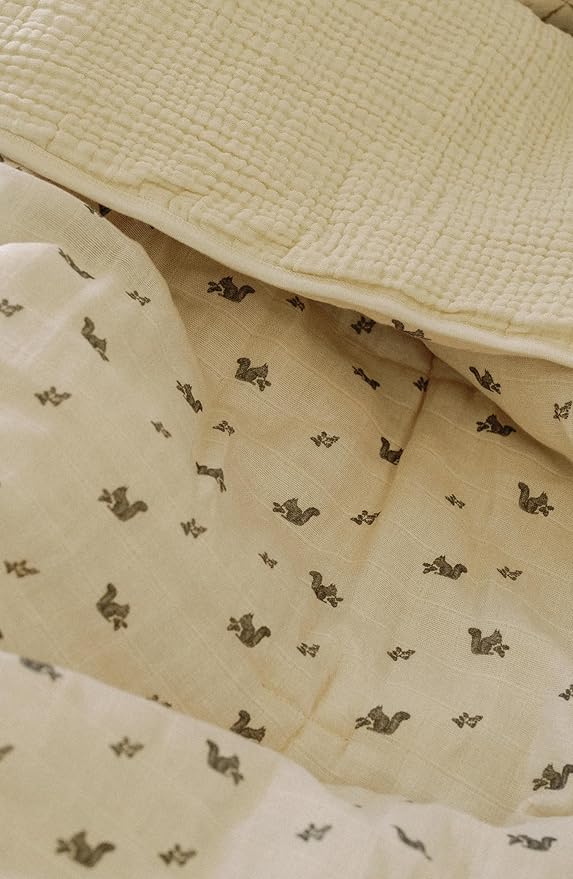 Oilo 100% Organic Premium Cotton Muslin Crib Quilt & Sham Set, (45" x 60") Print and Solid Sides, Extra-Soft & Lightweight, Fits Toddler Beds, Heirloom Organic Collection, Squirrel