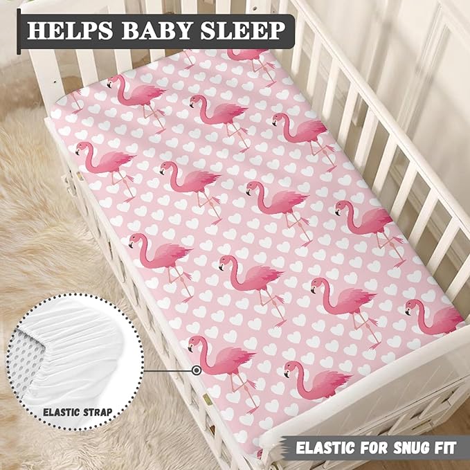 Pink Flamingo Fitted Crib Sheet for Boys Girls Love Heart Baby Sheet for Standard Crib and Toddler Beautiful Tropical Flamingos Nursery Bed Mattress Sheets 28"x52"