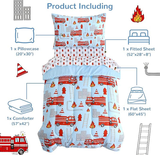 Mooreeke 4 Pieces Toddler Bedding Set - Fire Truck Blue Toddler Comforter Sets for Boys, Includes Comforter, Flat Sheet, Fitted Sheet and Pillowcase, Bed in A Bag for Baby Bedroom