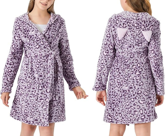 Topgal Leopard Cat Robe for Girls Fleece Toddler Kids Teen Hooded Bathrobe Size 4T-18