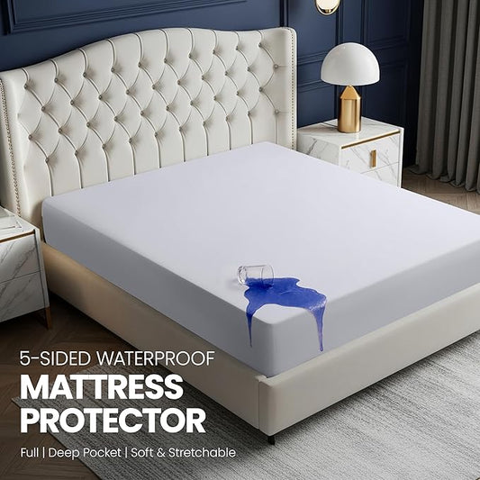 Utopia Bedding Waterproof 5-Sided Mattress Protector Full Size, Premium Breathable Mattress Cover, Fitted Style with Stretchable Pockets (White)