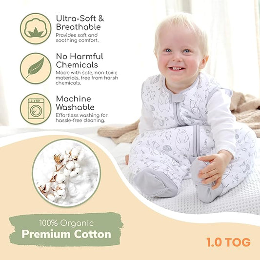 Mama Cheetah Toddler Sleep Sack with Feet 3T - 4T, 1.0 TOG Organic Cotton Baby Sleeping Bag with Legs, Baby Wearable Blankets for Walkers w/ 2-Way Zipper, Sleep Sack for Girls & Boys, Early Walker