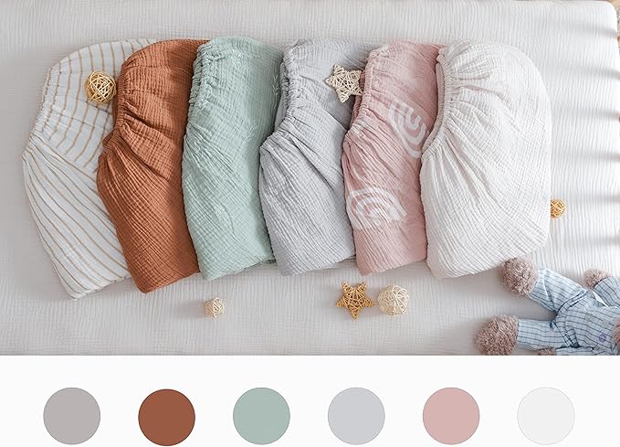Meracorallo Muslin Fitted Crib Sheets, 2 Pack Soft Breathable Cotton Baby Crib Sheet, Boho Neutral Crib Sheet for Standard Crib and Toddler Mattress 28"x52" (Rainbow & Fog)