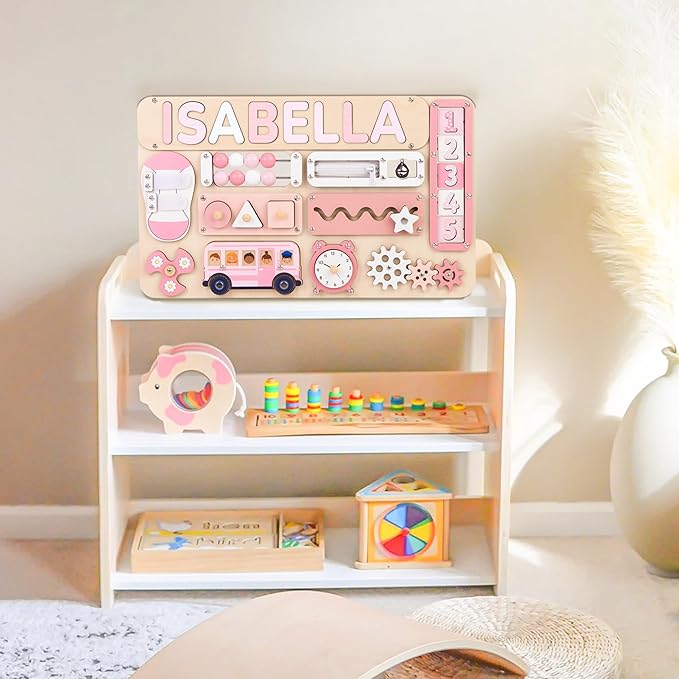 Personalized Large Busy Board for Toddlers - Montessori Busy Board - Montessori Toys for 1 Year Old Baby Boys Girls - Sensory Toys for Toddlers 1-3 - Peronalized Baby Gift