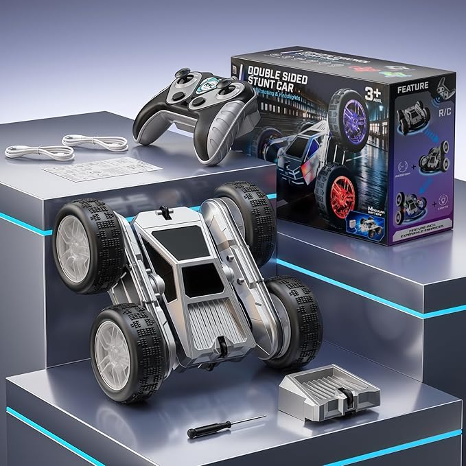 WayEee Remote Control Car for Boys 4-7, 360° Flips Rotating RC Stunt Car with Type-C Charging and LED Lights Strips, 2.4 GHZ Double Sided All Terrain 4WD RC Cars for Girl Boys Christmas Birthday Gift