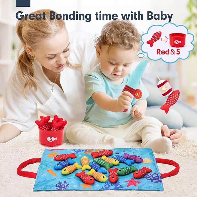 hahaland Toddler Toys Montessori Toys for 1 Year Old Boy Girl Birthday Gift - 10 in 1 Cloth Fishing Game Christmas Toddler Gifts 1-3 with Stacking Cups - Number Counting, Color Sorting Learning
