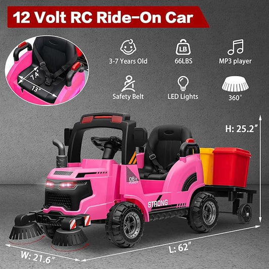 MOLACHI 12V Ride On Street Sweeper Truck, Ride on Car w/Remote Control,Electric 360 Degree Rotating Sweeping Brooms, Ideal Gift for Kids 3-7 Years Old, Pink