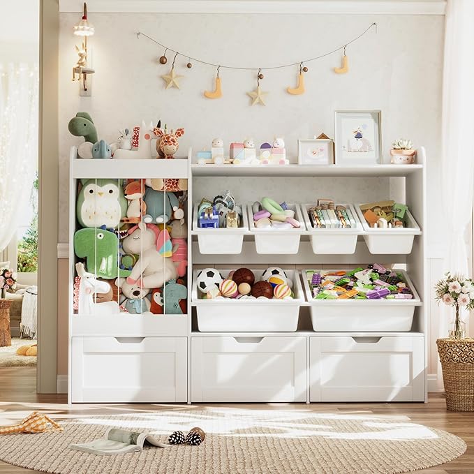VortinT Kids Stuffed Animal Storage, 50.6" W x 41.3" H Large Toy Organizer Shelf with 6 Plastic Bins, 3 Rolling Drawers, Wooden Toddler Toy Organization Shelves for Play Room, Nursery(White)