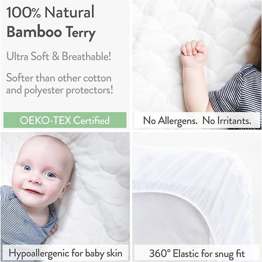 Joey + Joan Waterproof Bassinet Mattress Pad Cover Compatible with UPPABABY Stroller Bassinet – 2 Pack Quilted Mattress Protector Made from Ultra Soft Bamboo Viscose Terry – 14" x 30"