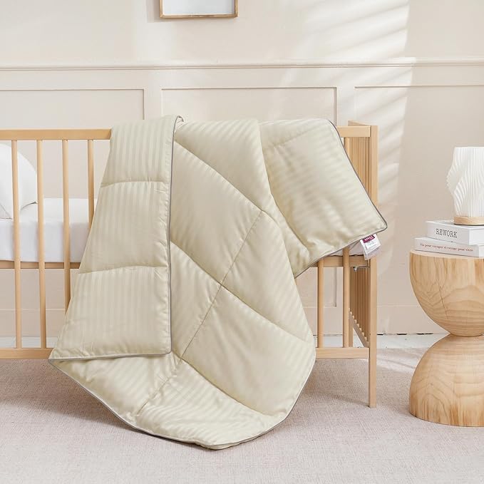 ZPECC Toddler Down Alternative Comforter, 39x47 Hypoallergenic Baby Blanket Quilt, Soft Breathable Lightweight All Season Kids Duvet Insert for Crib Stroller Cot Daycare, Cream Stripe