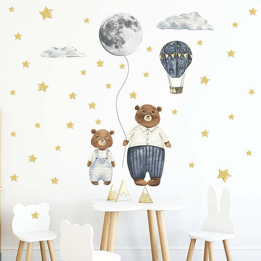 Ollaland Papa & Baby Bear Wall Decals - Peel and Stick Bears Hot Air Balloon Stars Moon Clouds Wall Stickers, Decor for Baby Nursery, Toddler & Kids Bedroom Walls (Bears)