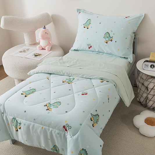 Caressma 4 Pieces Toddler Bedding Set - Brushed Microfiber Reversible Bedding Comforter Sets for Boys or Girls - Includes Cute Dinosaurs Pattern Comforter, Fitted Sheet, Flat Sheet & Pillow Case