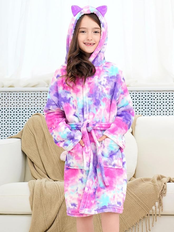 Doctor Unicorn Girls Leopard Cat Robe Kids Fleece Warm Hooded Bathrobe