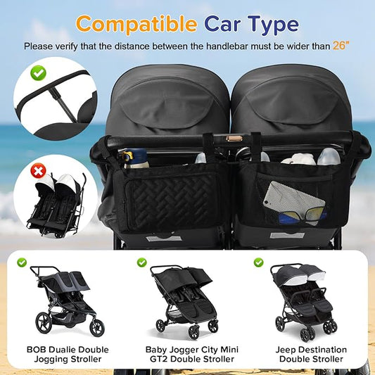 PHOEBUS BABY Double Stroller Caddy Organizer with 2 Insulated Cup Holder, Parent Console Fits for BOB Duallie, Jeep, Baby Jogger City Mini GT2 and UPPAbaby, Double Jogging Stroller Accessories