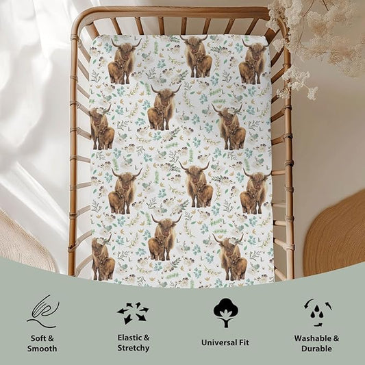 Floral Highland Cow Baby Crib Sheets for Boy Girl 28"x52" Cute Watercolor Cows Yak Cattle Soft Snug Fitted Crib Mattress Cover Spring Farm Animal Baby Sheet for Standard Crib & Toddler Bed Mattress