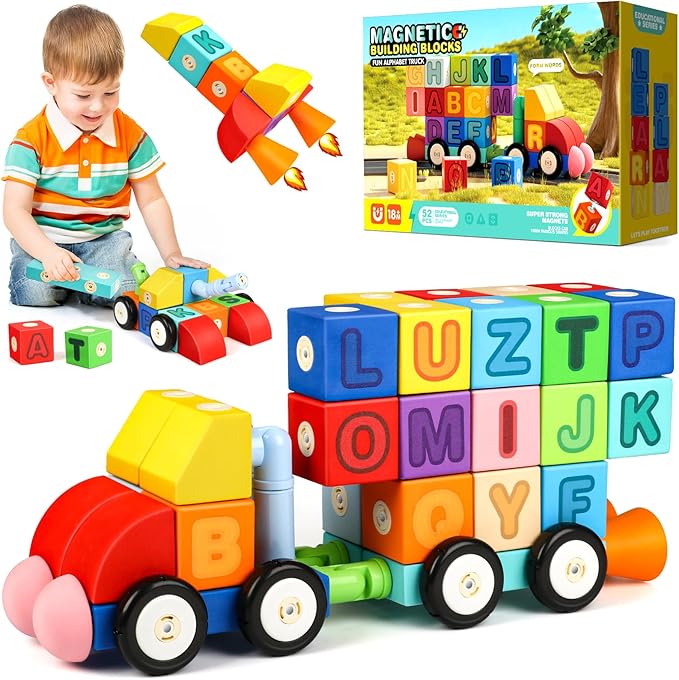 Joyfresh ABC Foam Magnetic Blocks for Toddlers, 52pcs, Building Letters Block for Kids 2 3 4 5 Years Old, Alphabet Blocks Toys Gifts for Boys Girls
