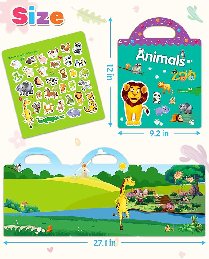 Benresive Reusable Sticker Books for Toddlers, Fun Travel Stickers for Kids, Toddler Sticker Book, Crafts Activities for Toddlers, 3 and Up Birthady Gifts - Animals Zoo