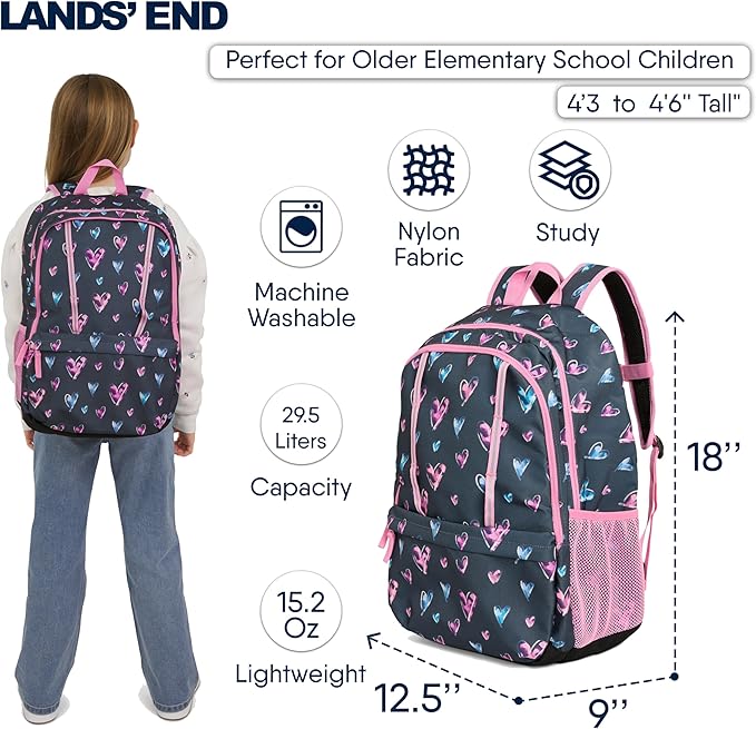 Lands' End Unisex Kids Large ClassMate Lightweight Durable Elementary School Backpack, Hot Pink