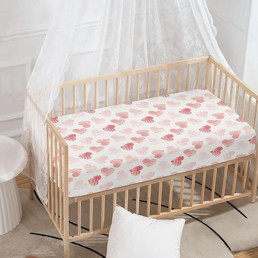 Pink Hearts Fitted Crib Sheet Line Heart Baby Crib Sheet Fit Standard Crib and Toddler Mattress,Crib Mattress Sheets for Boys Girls 28"x52"
