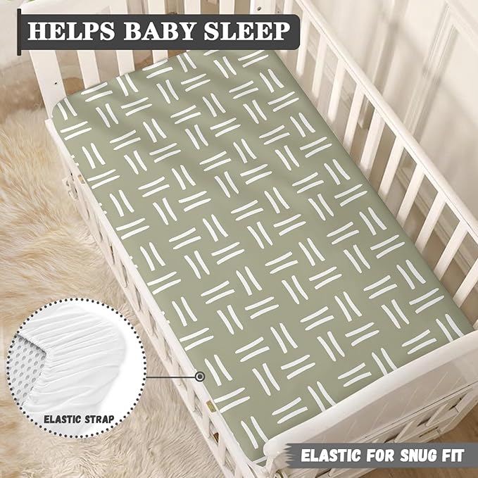 Sage Green Geometric Fitted Crib Sheet for Boys Girls Tribal Southwest White Line Stripe Baby Sheet for Standard Crib and Toddler Nursery Bed Mattress Sheets 28"x52"