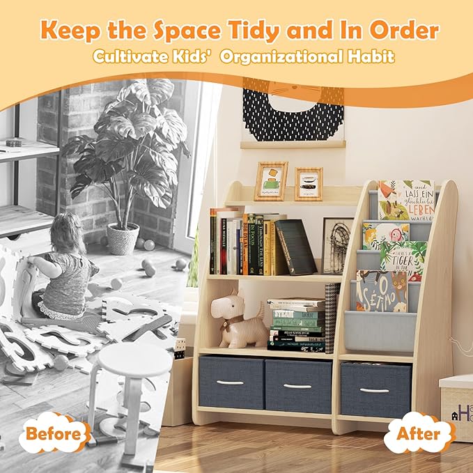 HedoAjim Kids Bookshelf Wood Toy Storage Organizer Cabinet Children Bookcase Toddler Baby Sling Book Rack 3 Cube Bins Sail Boat Arc Shape for Playroom Bedroom Nursery Classroom