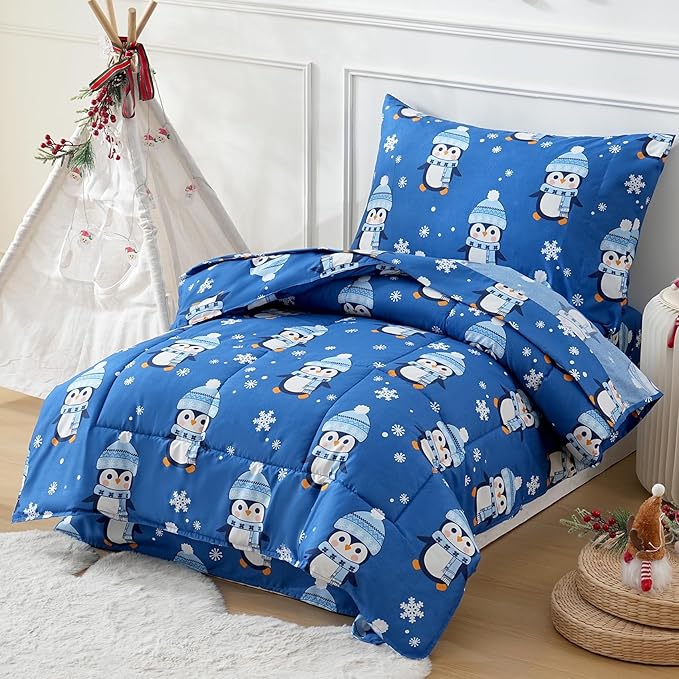 JSD Christmas Toddler Bedding Set, 4 Piece Blue Penguin Snowflakes Bed-in-Bag Comforter Sheet Set, Machine Washable