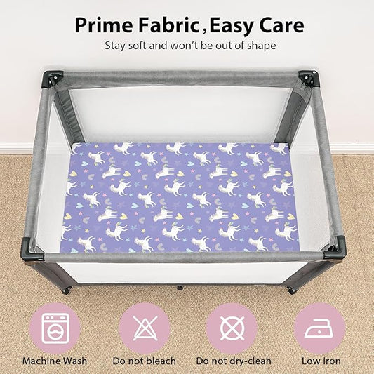 Baby Mini Crib Sheets Girl, Portable 38”x26” Pack and Play Sheets Fitted for Playard and Pack N Play Mattress, 3-Pack Soft Microfiber Pink Purple Rainbow