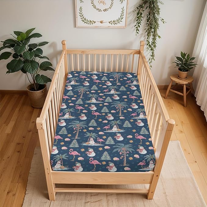 Preppy Beach Christmas Baby Crib Sheets for Boy Girl 52x28 Flamingo Palm Trees Snowmen Coastal Soft Snug Fitted Crib Mattress Cover Tropical Christmas Baby Sheet for Standard Crib & Toddler Mattress