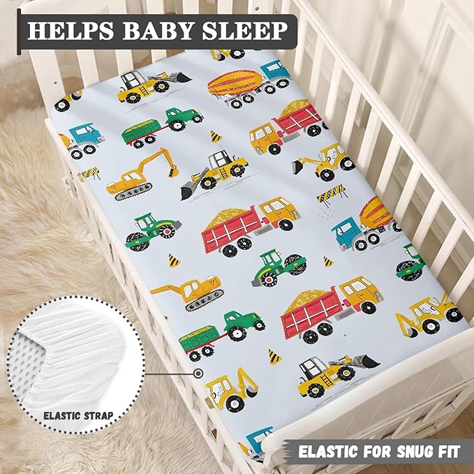 Construction Fitted Crib Sheet for Boys Girls Machinery Cement Truck Baby Sheet for Standard Crib and Toddler Excavator Dump Trucks Nursery Bed Mattress Sheets 28"x52"