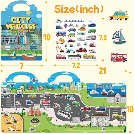 Reusable Sticker Book for Toddlers 3-6, Jelly Stickers for Kids, Sticker Activity Book Travel Toys for Road Trip, Car & Airplane, Educational Learning Gifts for Boys and Girls (Vehicles Cars Theme)
