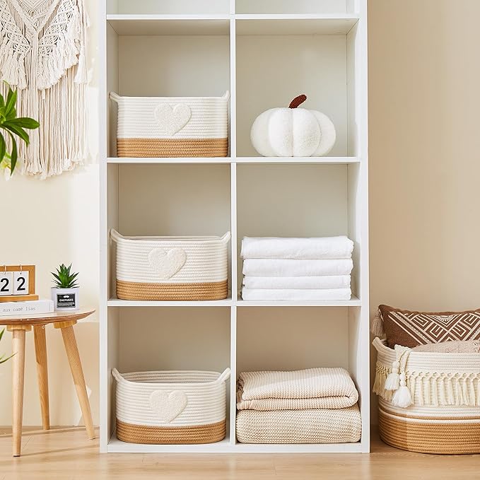 BUBUSUN Storage Bins Woven Baskets for Storage Set of 3, Cotton Rope Basket with Handles for Toys/Shelves/Laundry, Rectangle Multi-Purpose Organizer for Living Room, Bedroom, Nursery (Heart)