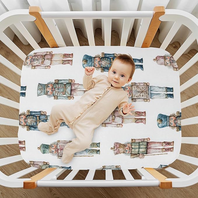 Retro Christmas Nutcracker Crib Sheets Soft Breathable Fitted Baby Crib Sheets Mattress Cover for Girls Boys, 52" x 28" x 9"