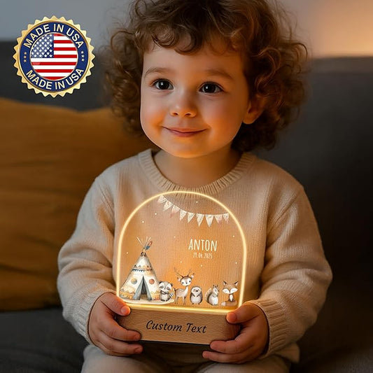 7GEEFT Personalized Baby Gifts Safari Animal Night Light, Custom Name LED Acrylic Plaque Lamp, Perfect Baby Shower Newborn Gifts for Kids Boys Girls, Christmas Nursery Decor for Children's Room