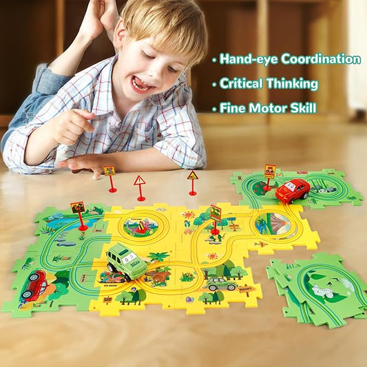 Plastic Floor Puzzles for Kids Ages 3-5 with 2 Cute Vehicles, Race Tracks for Kids 3-5, Puzzle Racer Kids Car Track Set, Toys for 3 4 5 6 Year Old Boys Girls, STEM Toys for Kids
