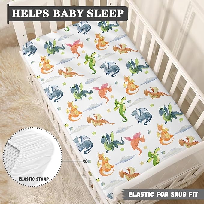Fairytale Dragons Fitted Crib Sheet for Boys Girls Watercolor Cute Dragon Baby Sheet for Standard Crib and Toddler Clouds and Stars Nursery Bed Mattress Sheets 28"x52"