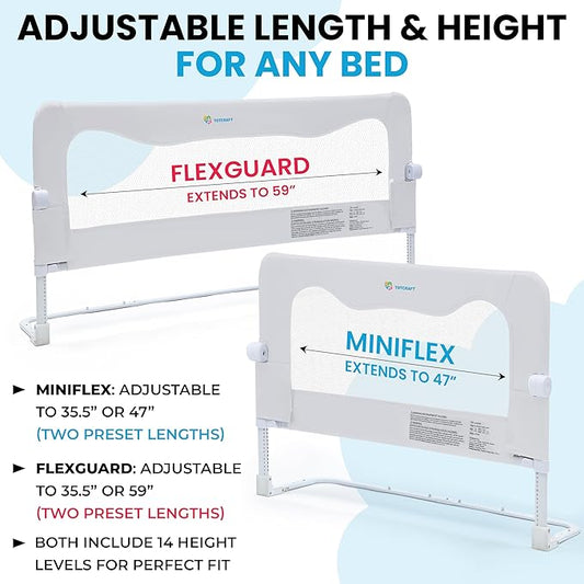 TotCraft MiniFlex Adjustable Length & Height Bed Rail for Toddlers – 35.5″ or 47″ Two Fixed Lengths,Fits Twin, Full & Queen Beds – 14 Height Levels – ASTM Certified Safety Guard Rail for Kids (White)