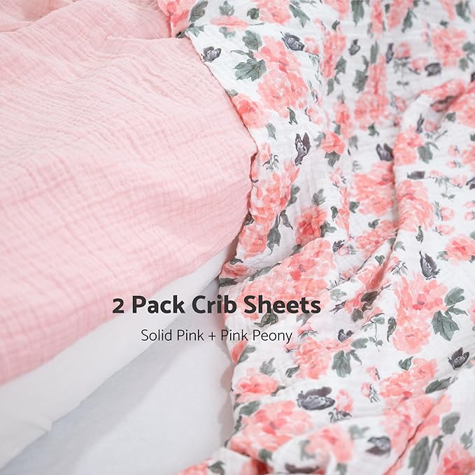 LollyBanks Muslin Crib Sheets 2 Pack, 100% Cotton Soft and Breathable Fitted Crib Sheet for Baby Girls, Snug Baby Bed Sheets for Standard 52 x 28 inches Mattress (Pink Peony and Solid Pink)