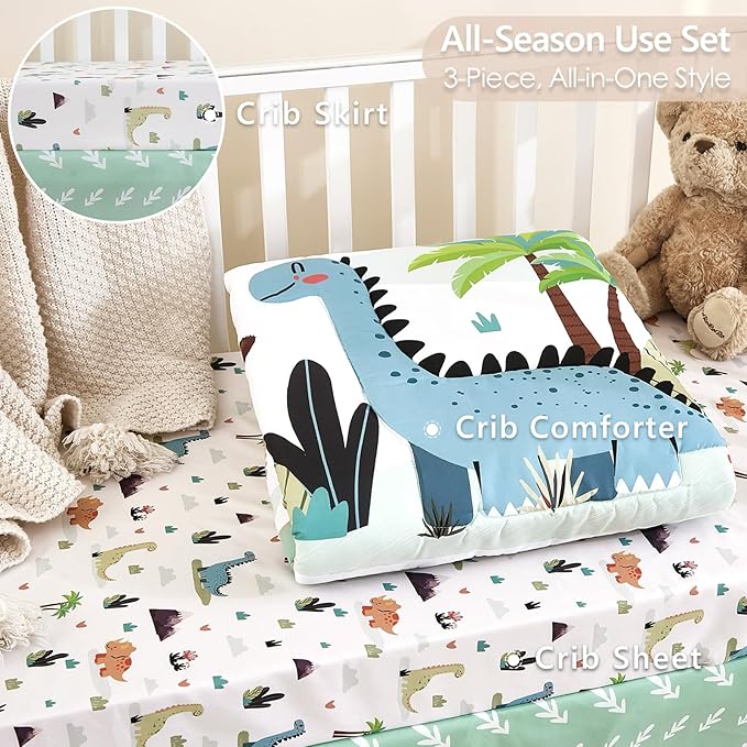 3-Piece Crib Bedding Set for Boys Girls - Ultra Soft & Skin Friendly Baby Bedding Set Includes Crib Comforter, Sheet & Crib Skirt (Mint Green)
