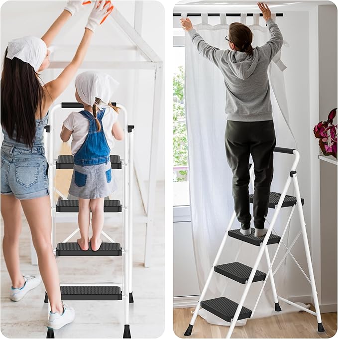 4 Step Ladder, Portable Steel Folding Step Stool with Wide Anti-Slip Pedal & Convenient Handgrip, 500lbs Sturdy Steel Ladder, White